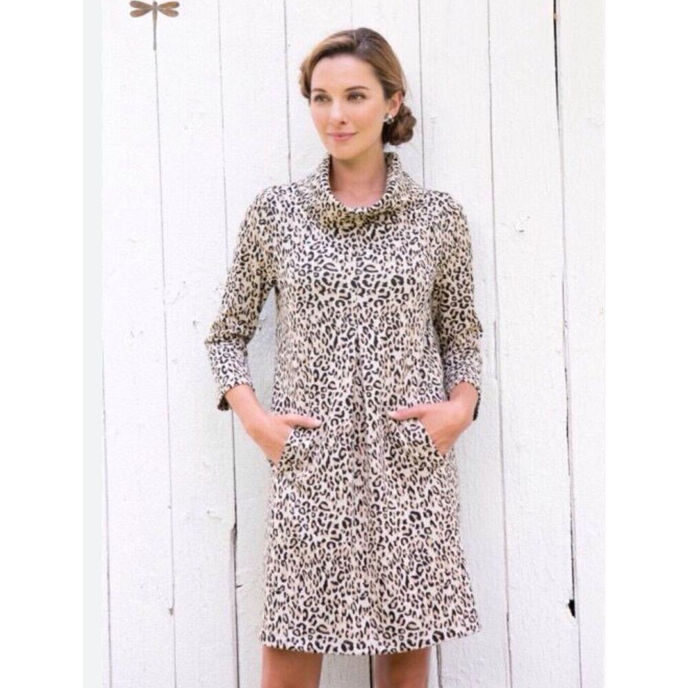 Pure Essence Pure Essence Cowl Neck Leopard Print Long Sleeve Shift Dress Med
